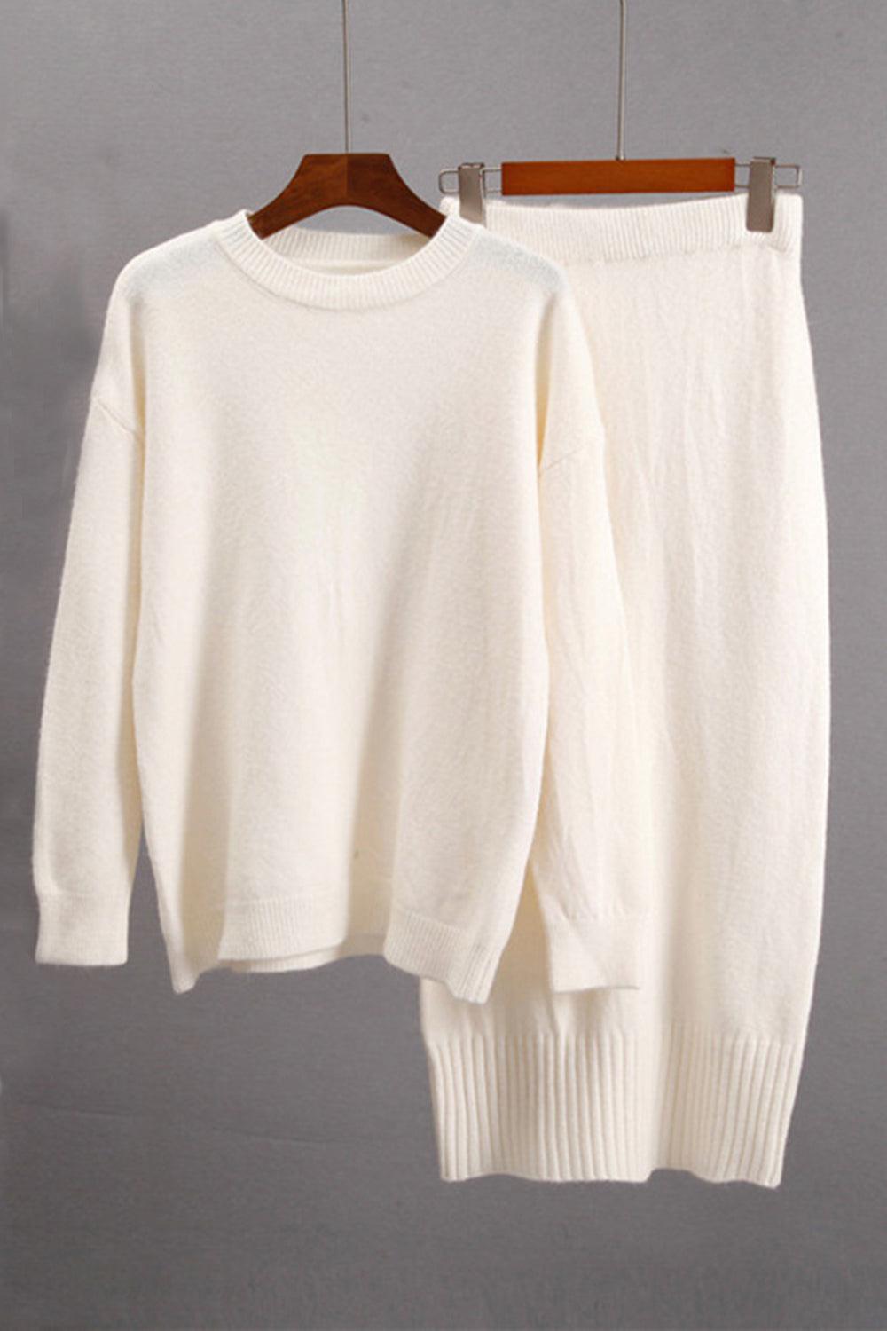 Round Neck Dropped Shoulder Top and Skirt Sweater Set – Effortless Chic for the Modern Woman - Znvia