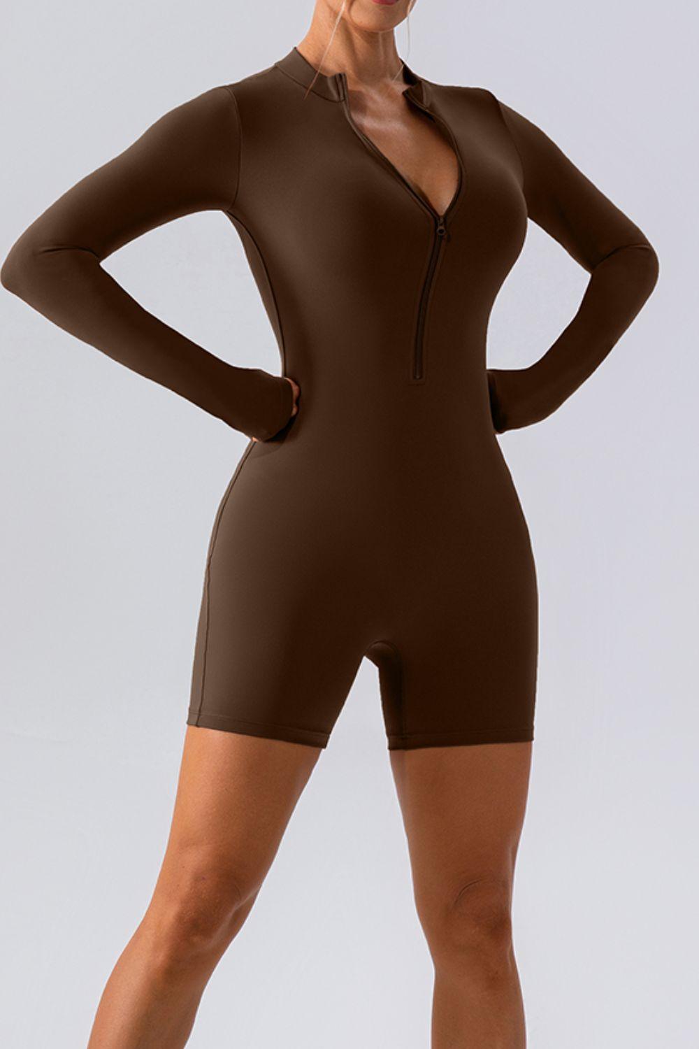 Half Zip Long Sleeve Active Romper - Znvia