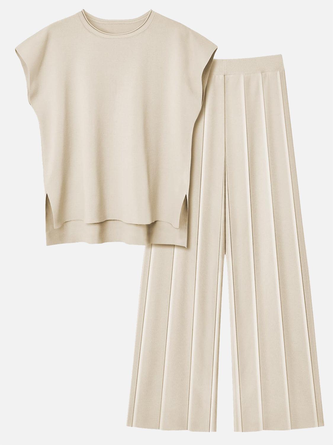 Round Neck Cap Sleeve Top and Pants Knit Set – Effortless Style Meets Supreme Comfort - Znvia