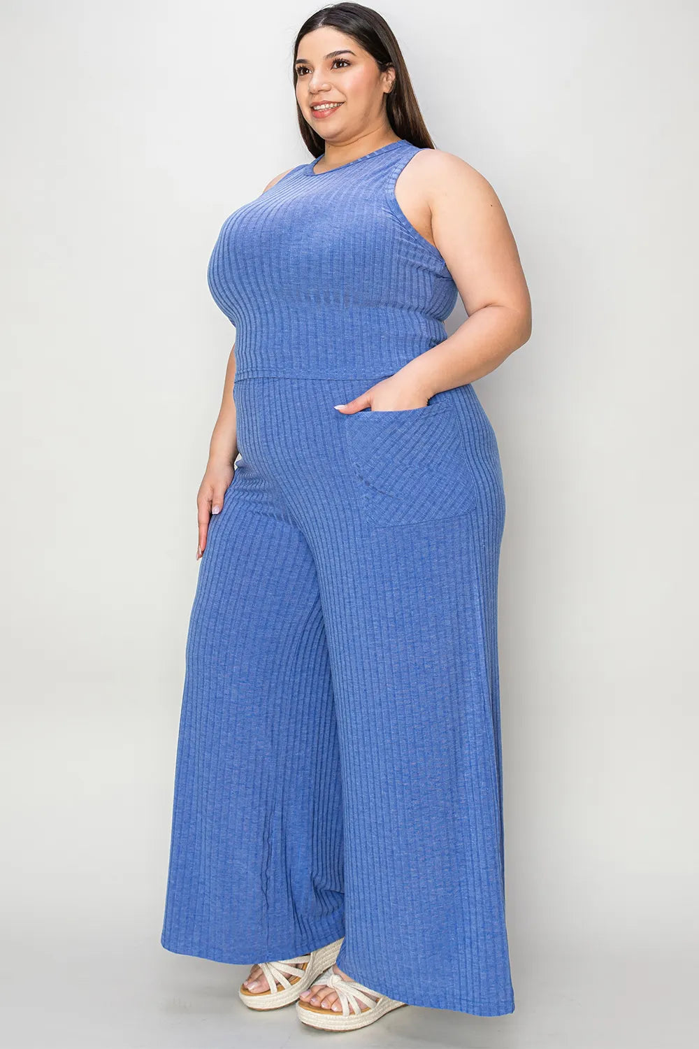 Full Size Ribbed Tank and Wide Leg Pants Set - Znvia