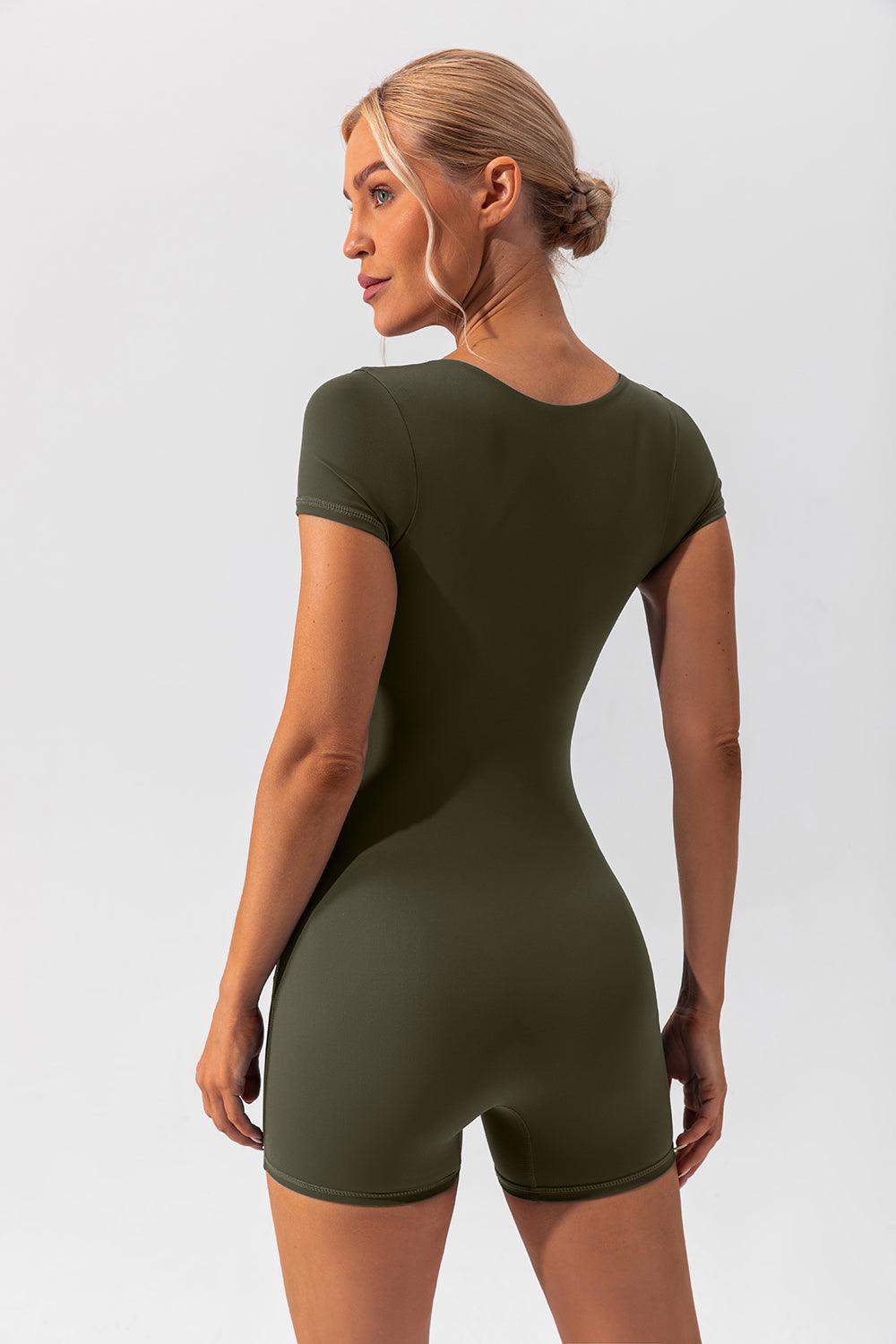 Square Neck Cap Sleeve Active Romper - Znvia