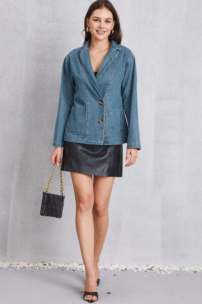 Pocketed Button Up Denim Jacket - Znvia