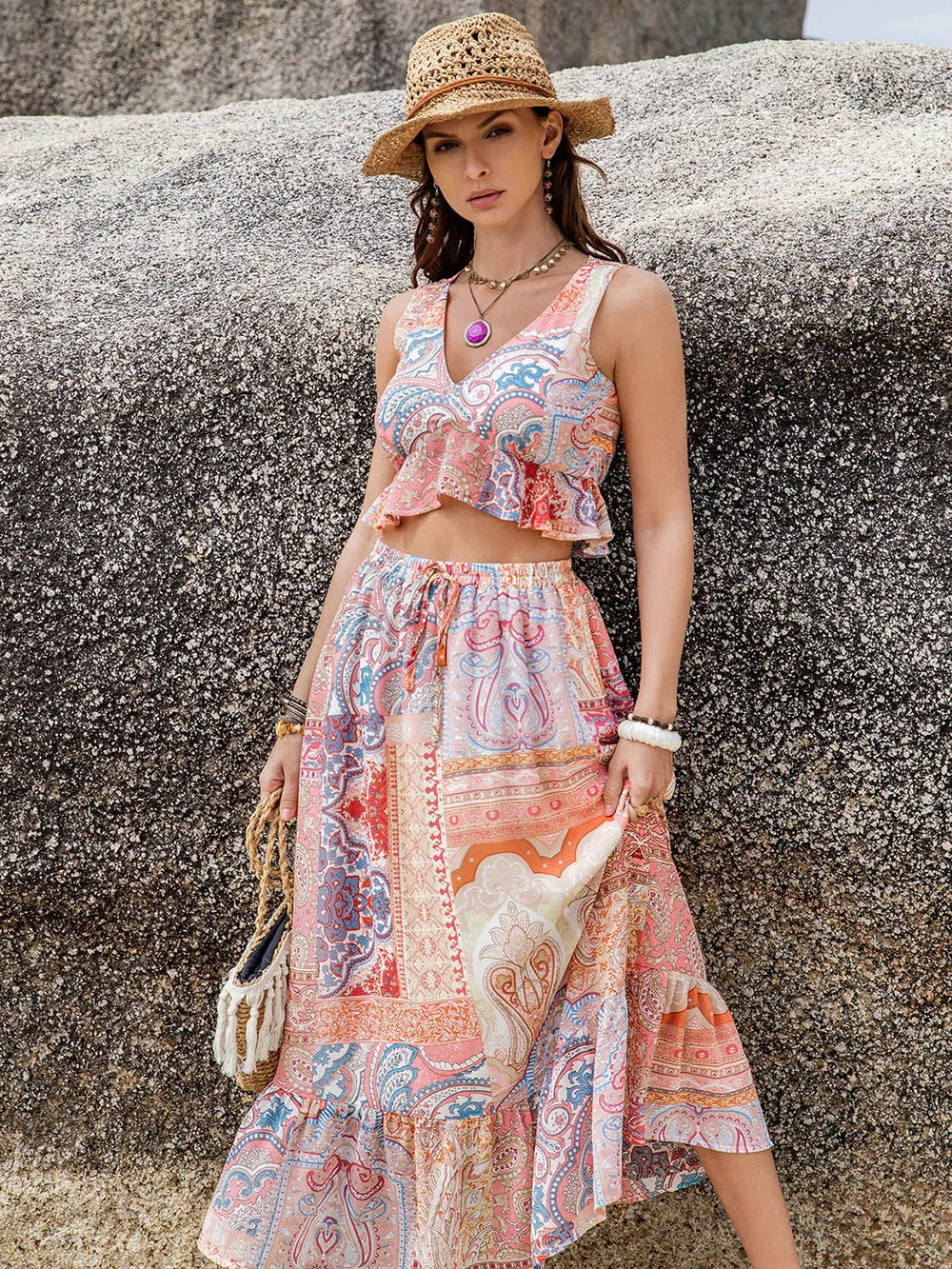 Printed V-Neck Top and Midi Skirt Set - Znvia