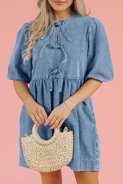 Bowknot Round Neck Half Sleeve Denim Dress – Effortless Elegance with a Chic Touch - Znvia
