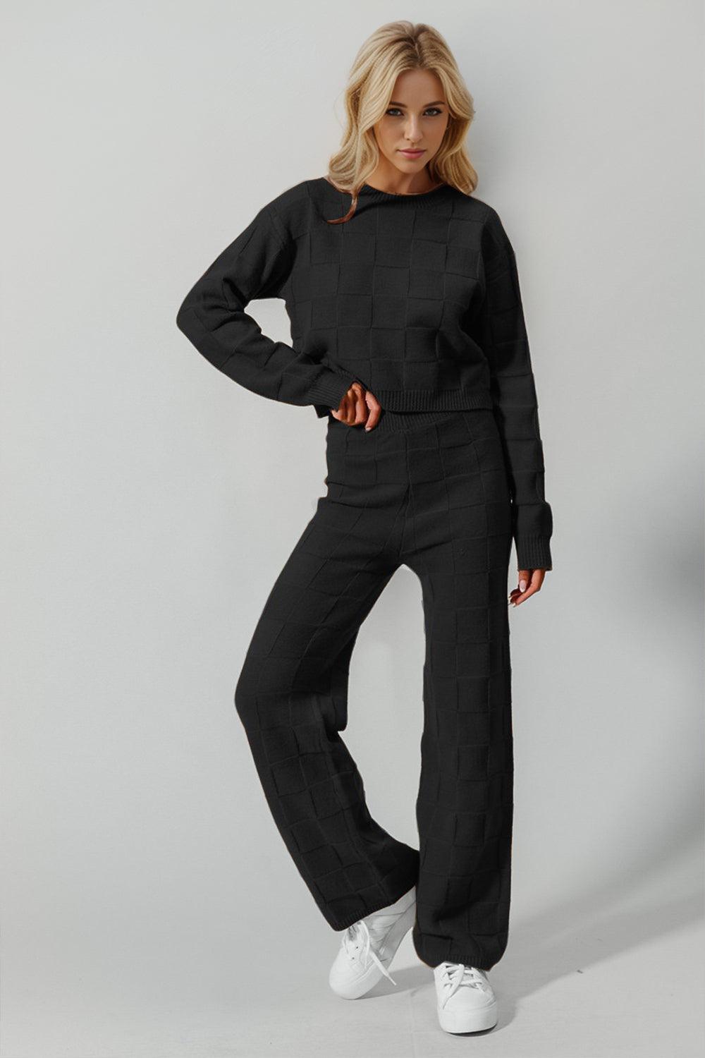 Double Take Full Size Checkered Round Neck Top and Pants Set - Znvia