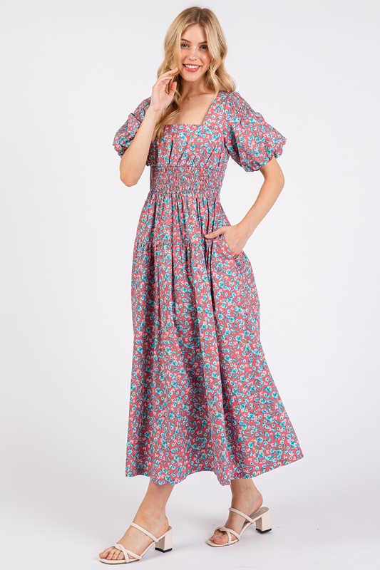 Smocked Floral Square Neck Puff Sleeve Midi Dress - Znvia