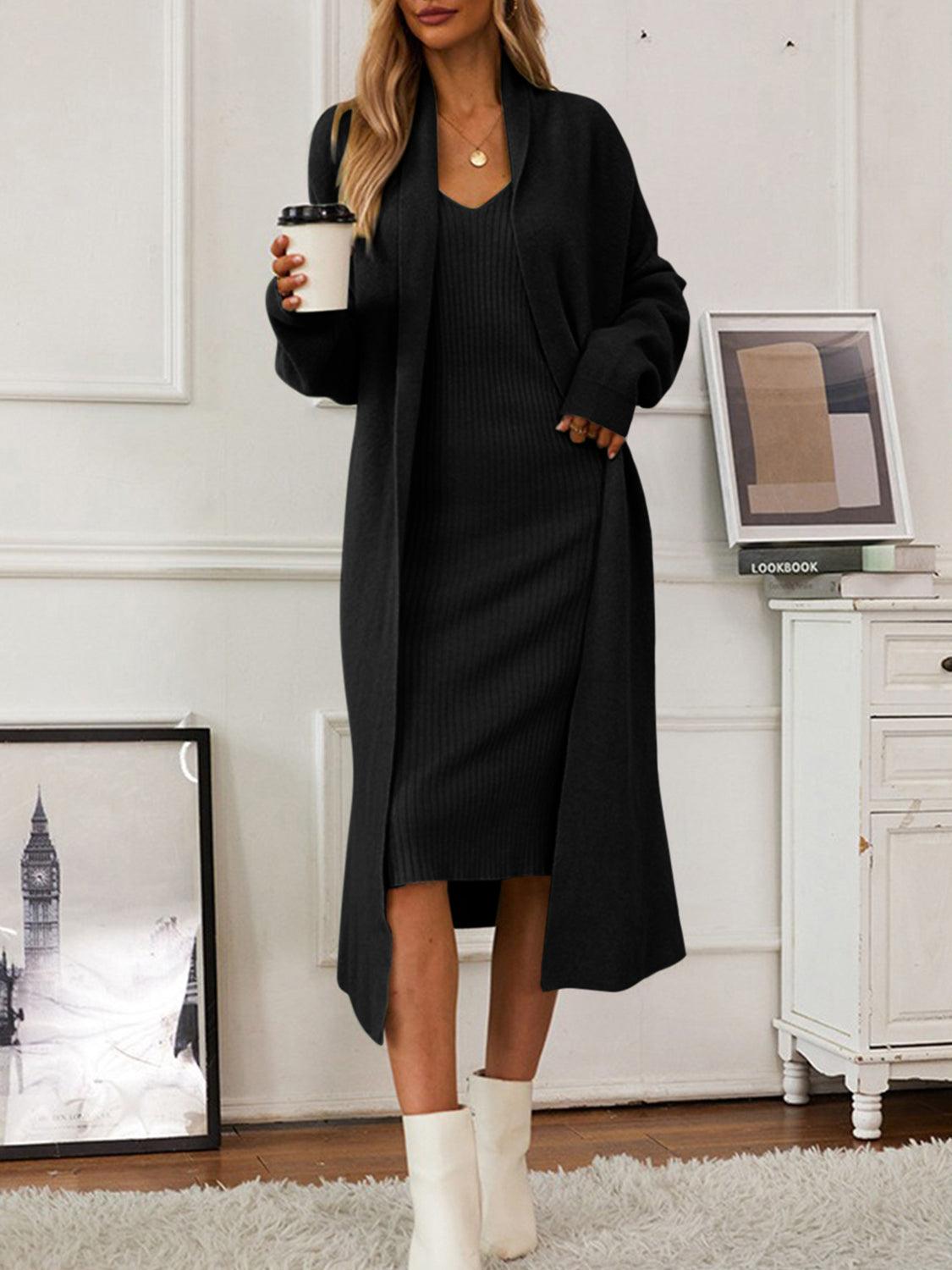 V-Neck Cami Dress and Open Front Cardigan Sweater Set – Effortless Elegance, Everyday Comfort - Znvia