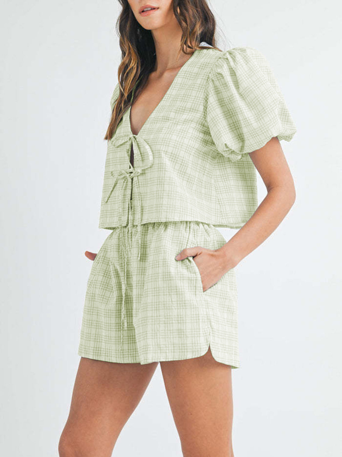 V-Neck Puff Sleeve Top and Shorts Set – Own Your Way - Znvia