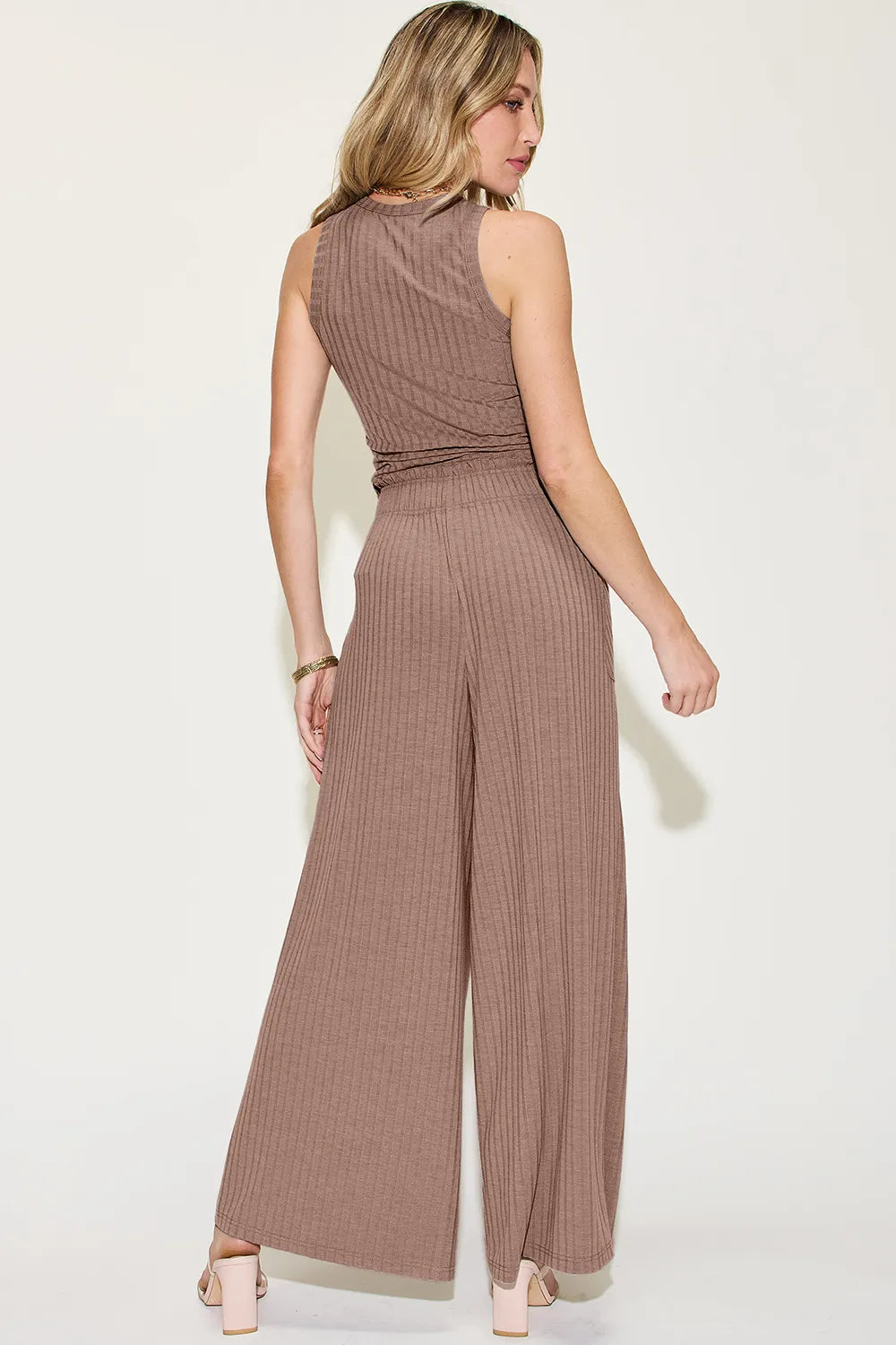 Full Size Ribbed Tank and Wide Leg Pants Set - Znvia