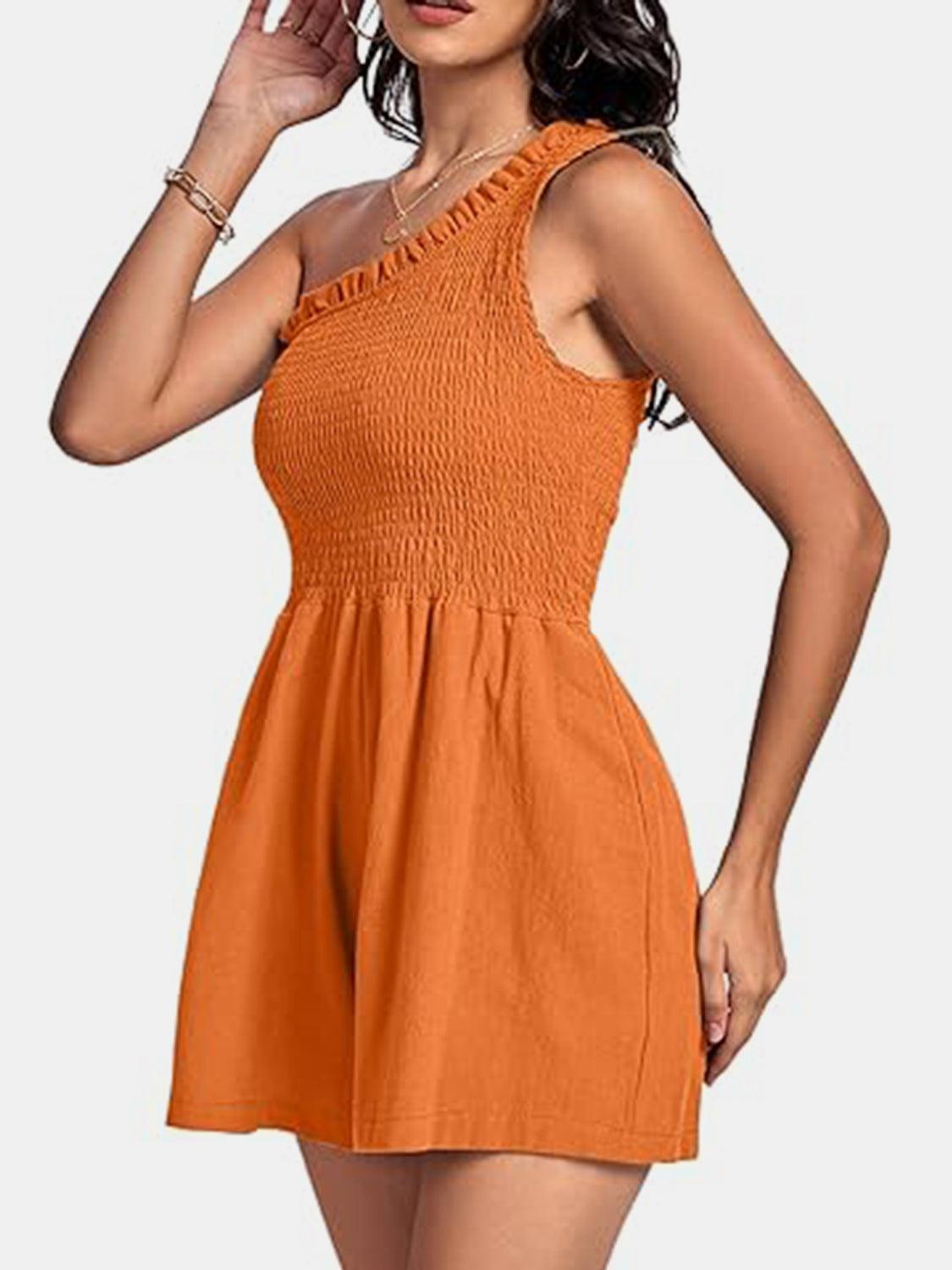 Smocked Single Shoulder Romper - Znvia