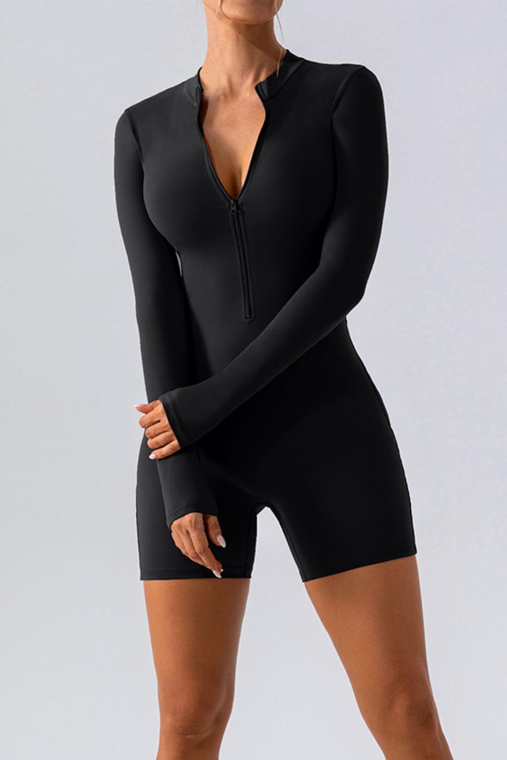 Half Zip Long Sleeve Active Romper - Znvia