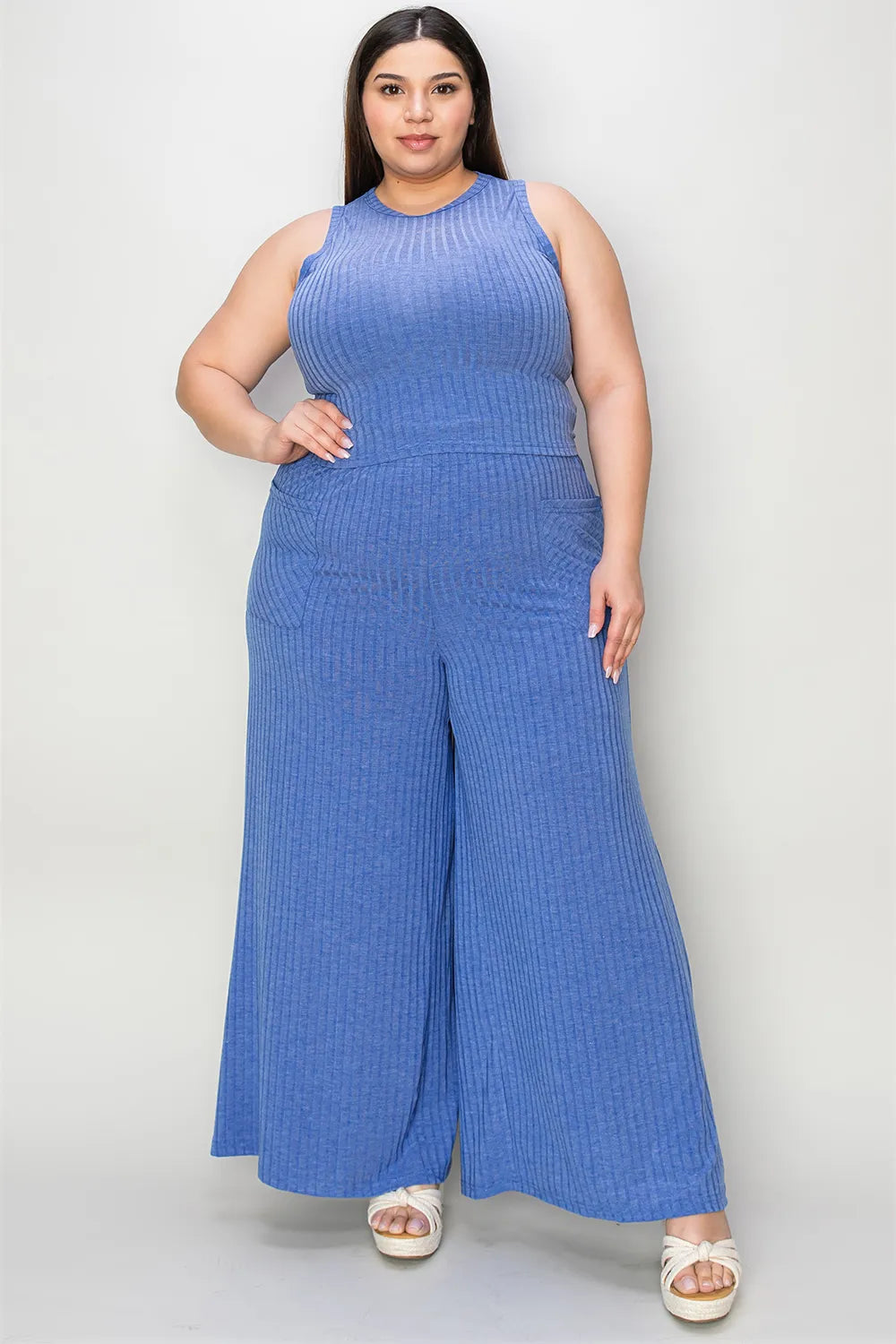 Full Size Ribbed Tank and Wide Leg Pants Set - Znvia