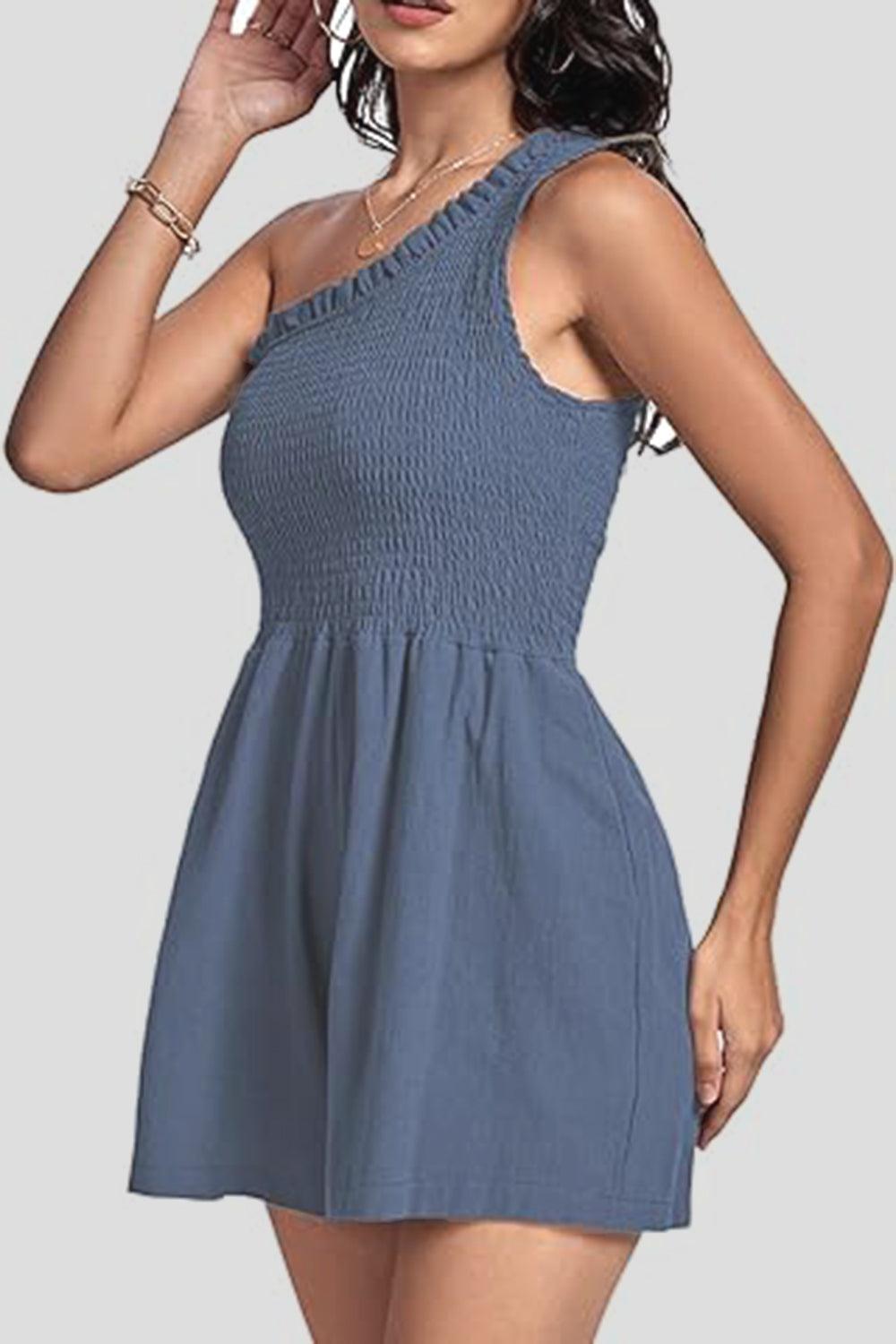 Smocked Single Shoulder Romper - Znvia