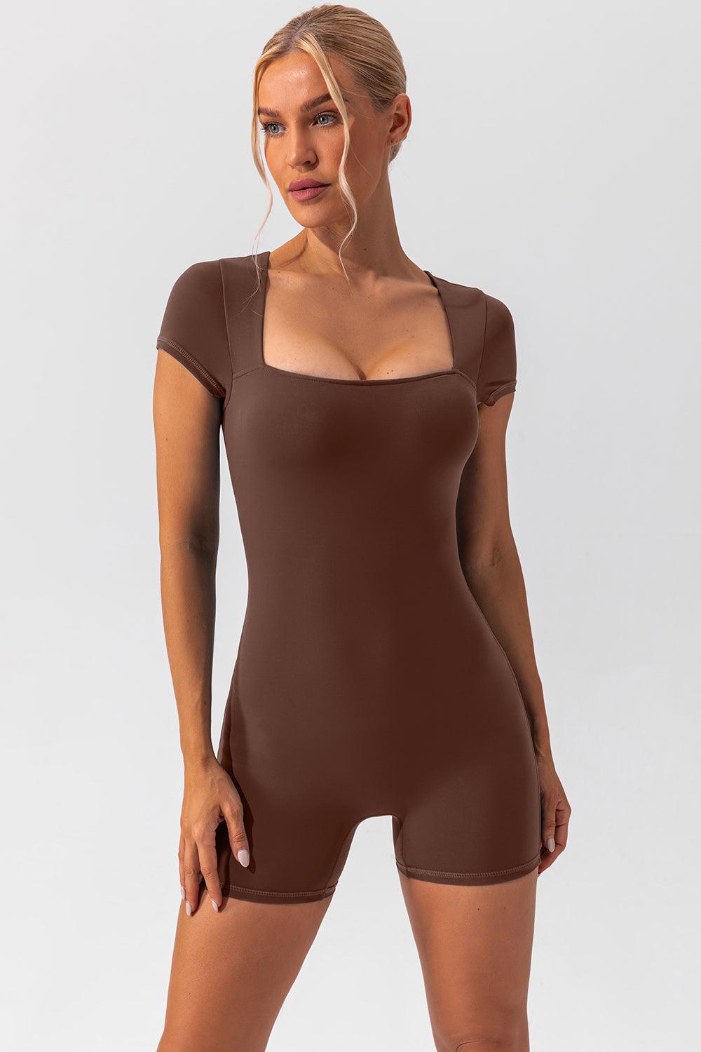 Square Neck Cap Sleeve Active Romper - Znvia