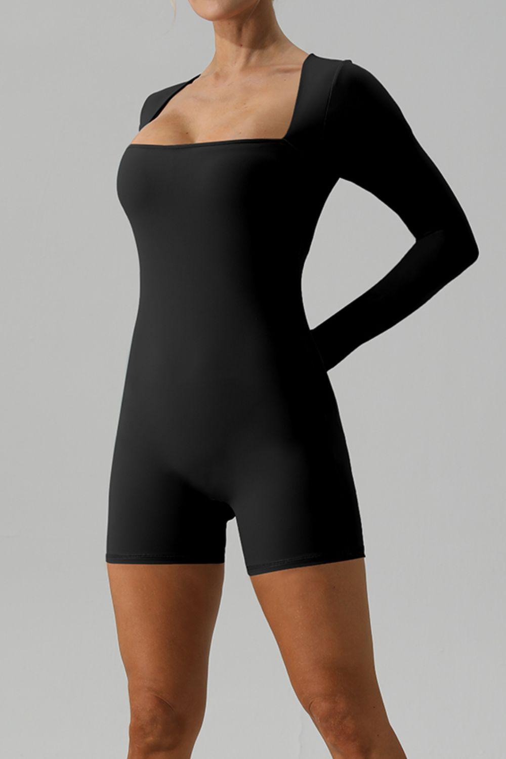 Square Neck Long Sleeve Active Romper - Znvia