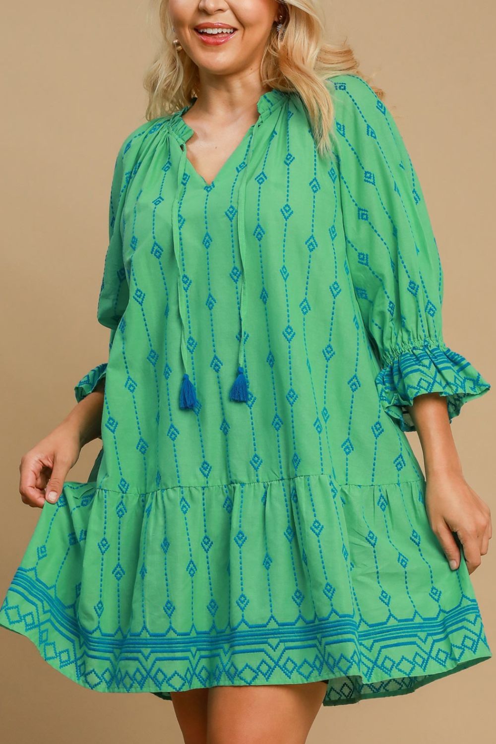 Full Size Tassel Embroidered Flounce Sleeve Mini Dress Plus Size - Znvia