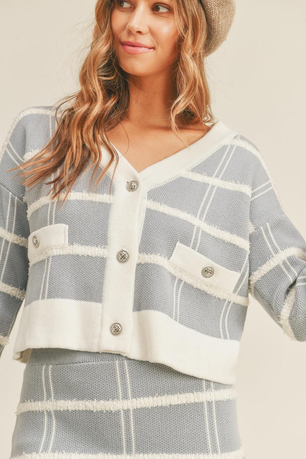 Plaid Button Down Sweater Cardigan and Mini Skirt Set - Znvia