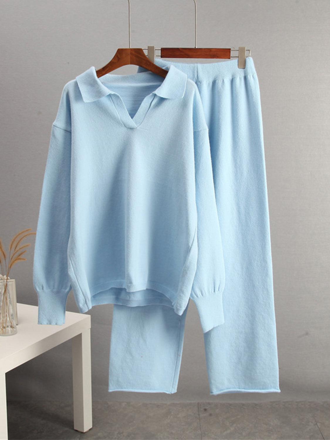 Johnny Collar Long Sleeve Top and Pants Sweater Set – Effortless Style and Comfort - Znvia