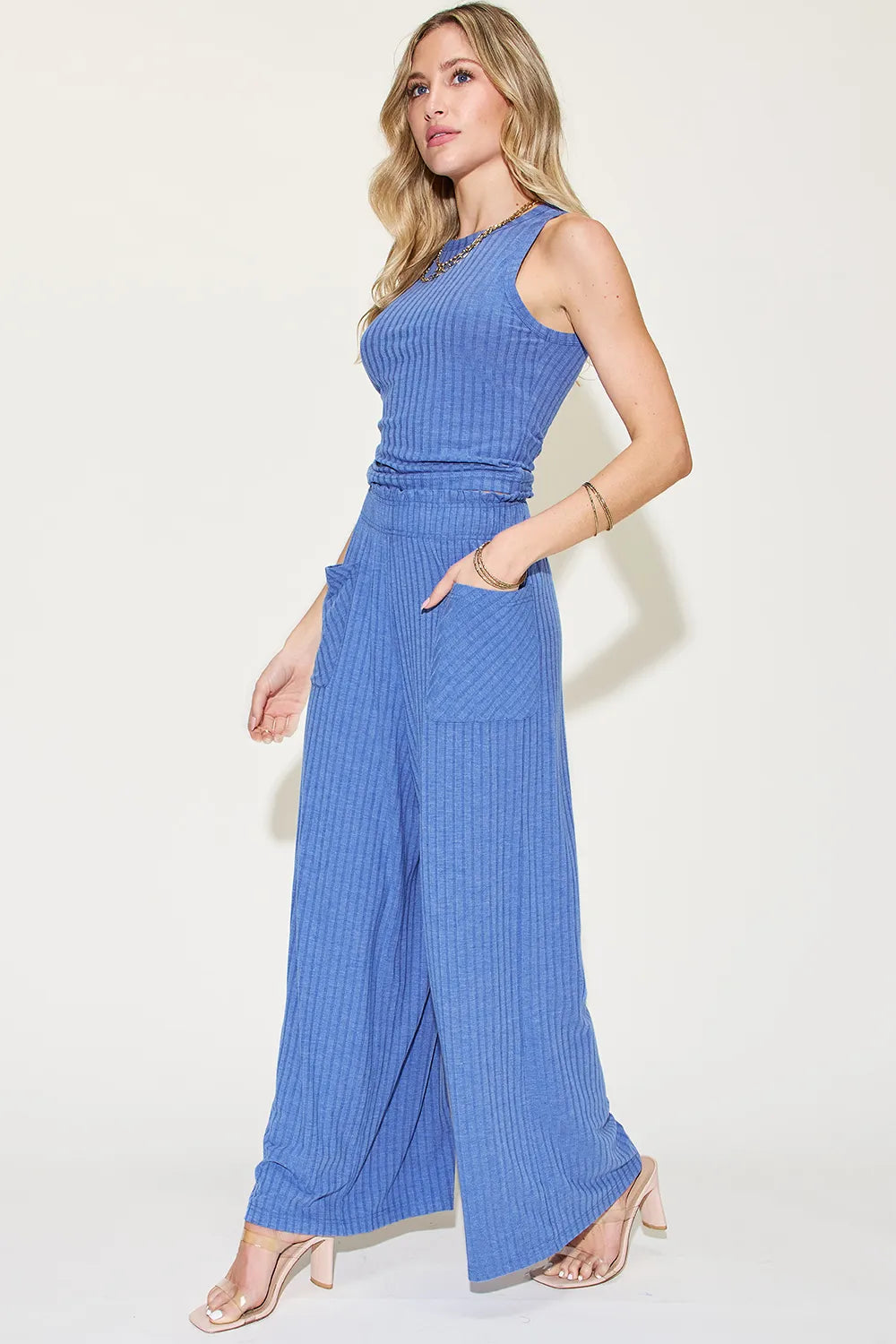 Full Size Ribbed Tank and Wide Leg Pants Set - Znvia