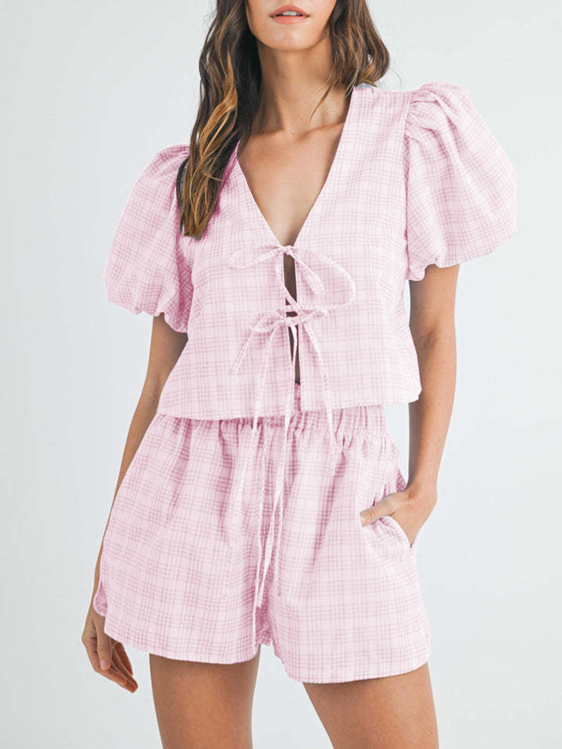 V-Neck Puff Sleeve Top and Shorts Set – Own Your Way - Znvia