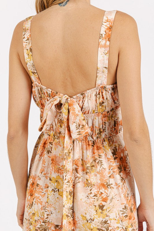 Flower Print Gathered Bust Sleeveless Jumpsuit - Znvia