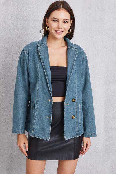 Pocketed Button Up Denim Jacket - Znvia
