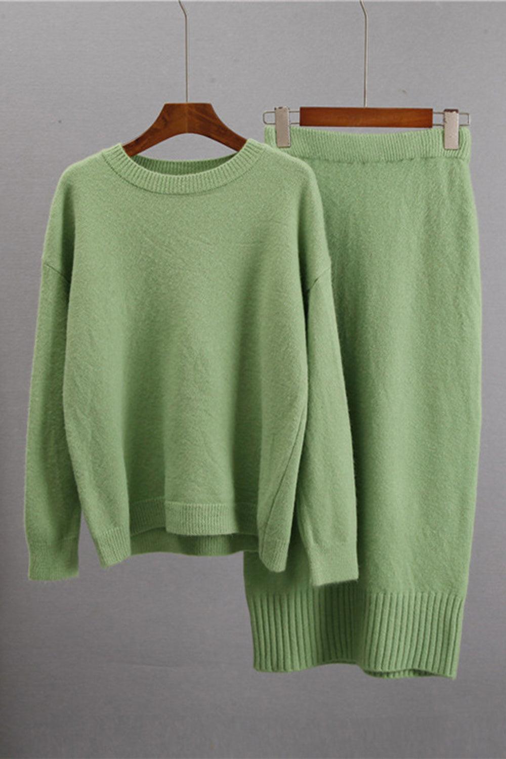 Round Neck Dropped Shoulder Top and Skirt Sweater Set – Effortless Chic for the Modern Woman - Znvia