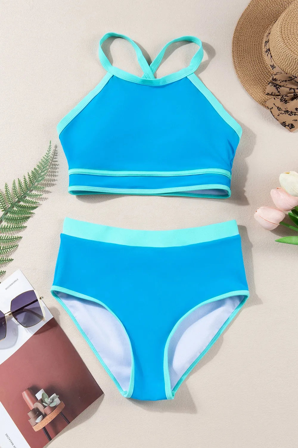 Stylish Crisscross Round Neck Two-Piece Swim Set - Znvia