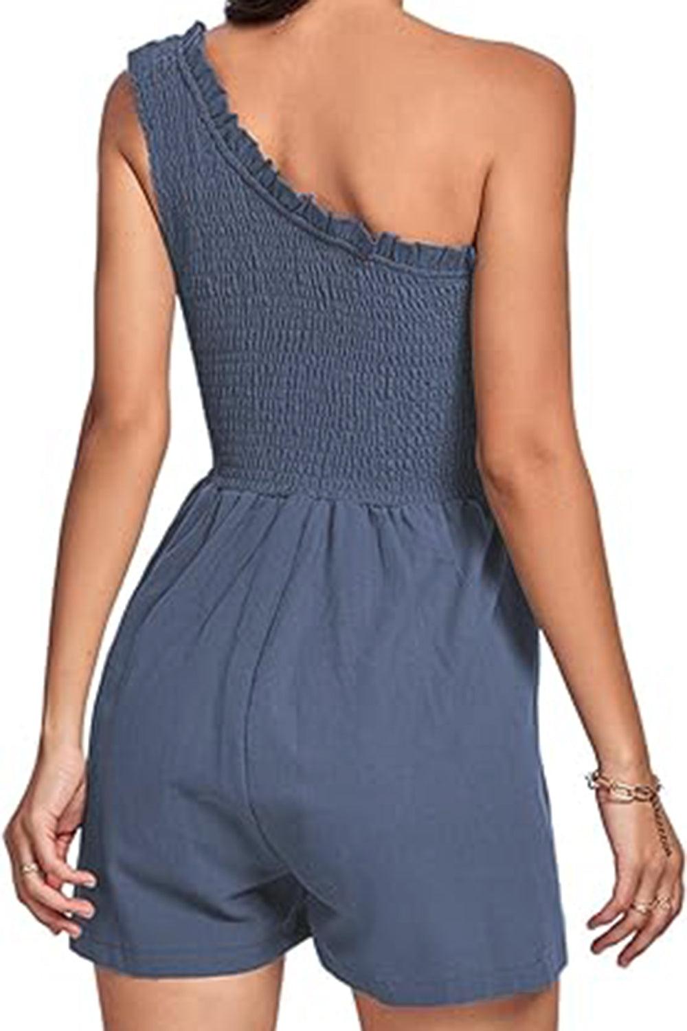 Smocked Single Shoulder Romper - Znvia
