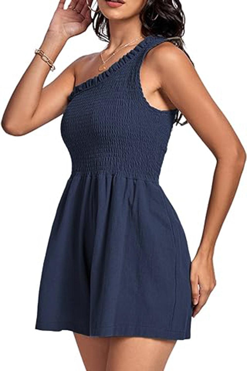 Smocked Single Shoulder Romper - Znvia
