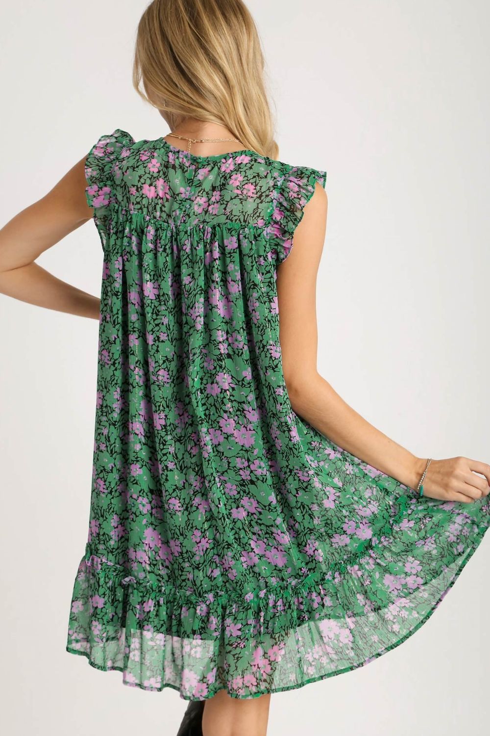 Full Size Smocked Detail Floral Metallic Ruffle Cap Sleeve Dress – Plus Size - Znvia