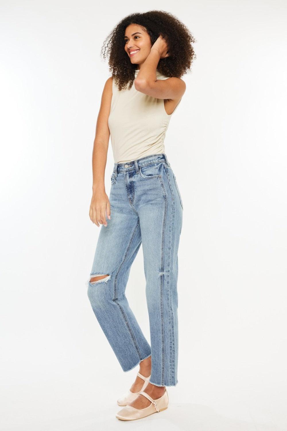 Ultra High Rise Distressed Straight Jeans - Medium Stone Wash - Znvia