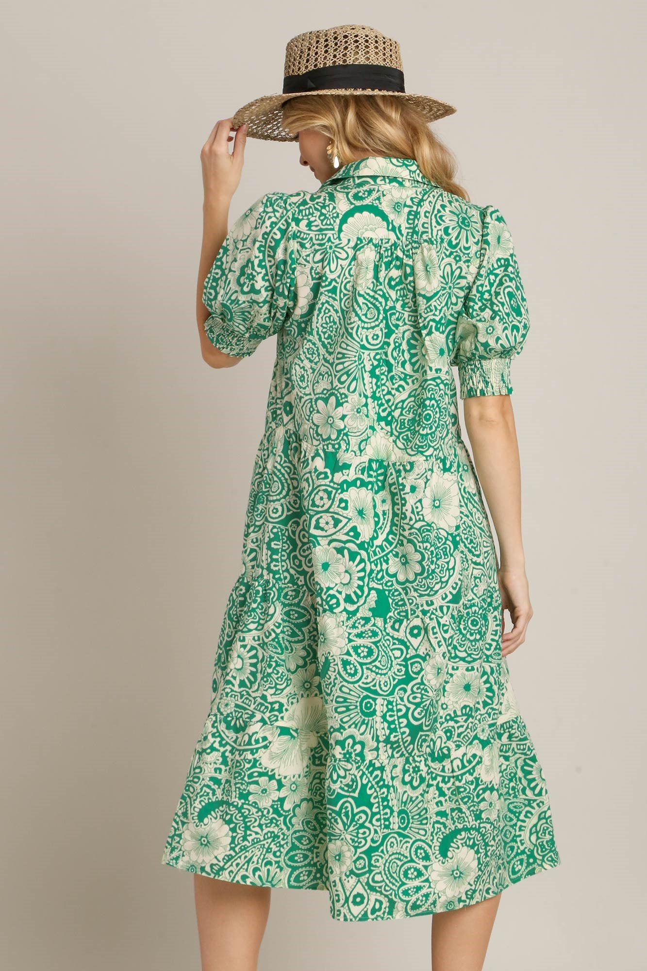 Full Size Printed Smocked Cuff Puff Sleeve Midi Dress Plus Size - Znvia