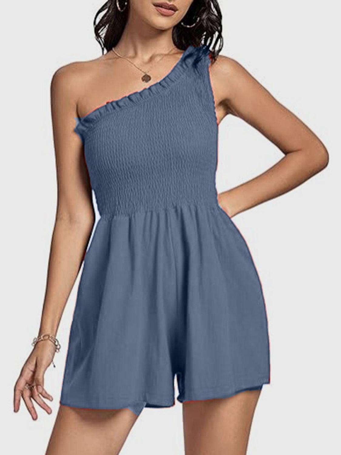 Smocked Single Shoulder Romper - Znvia