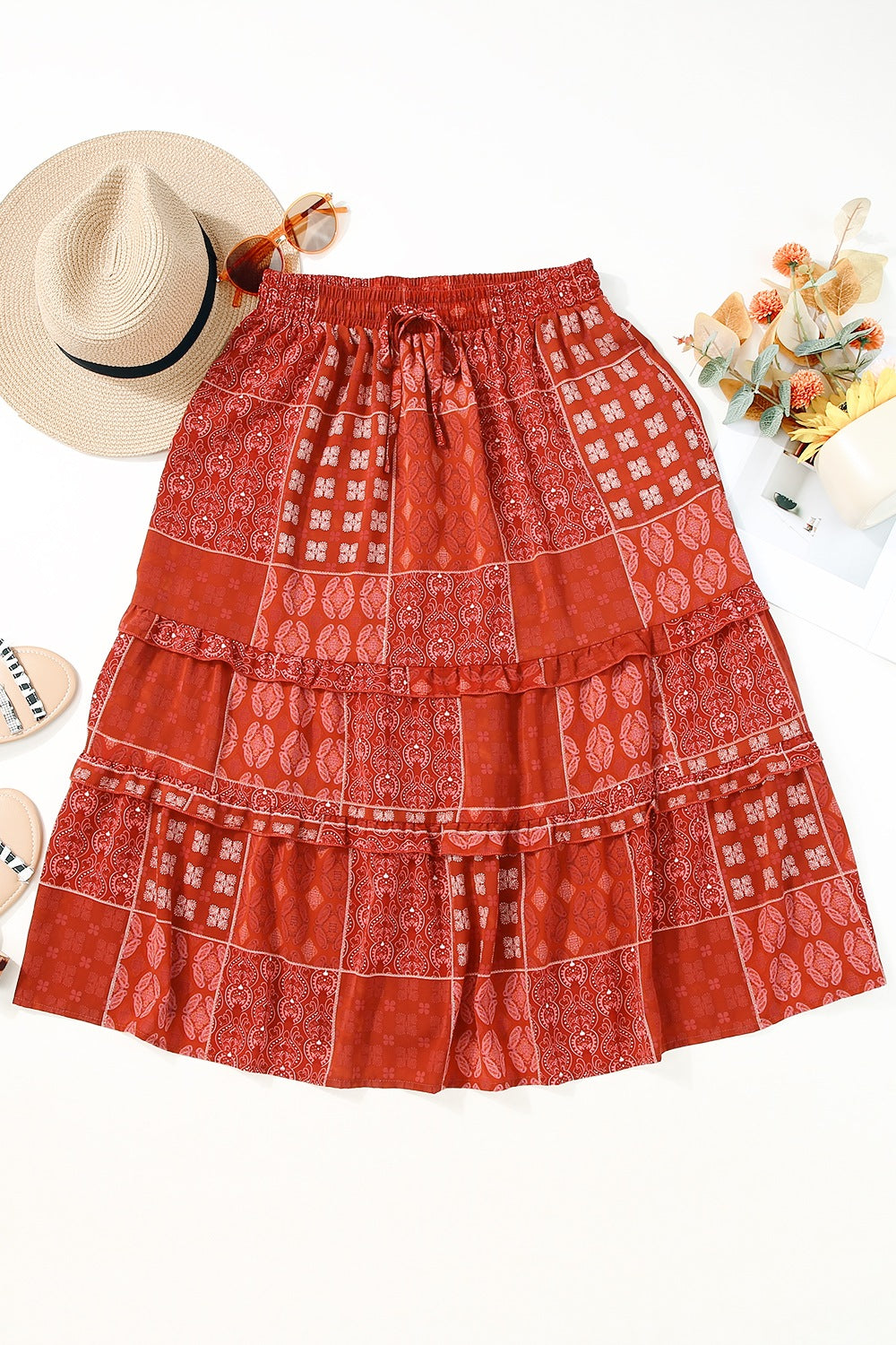 Printed Drawstring Midi Skirt - Znvia