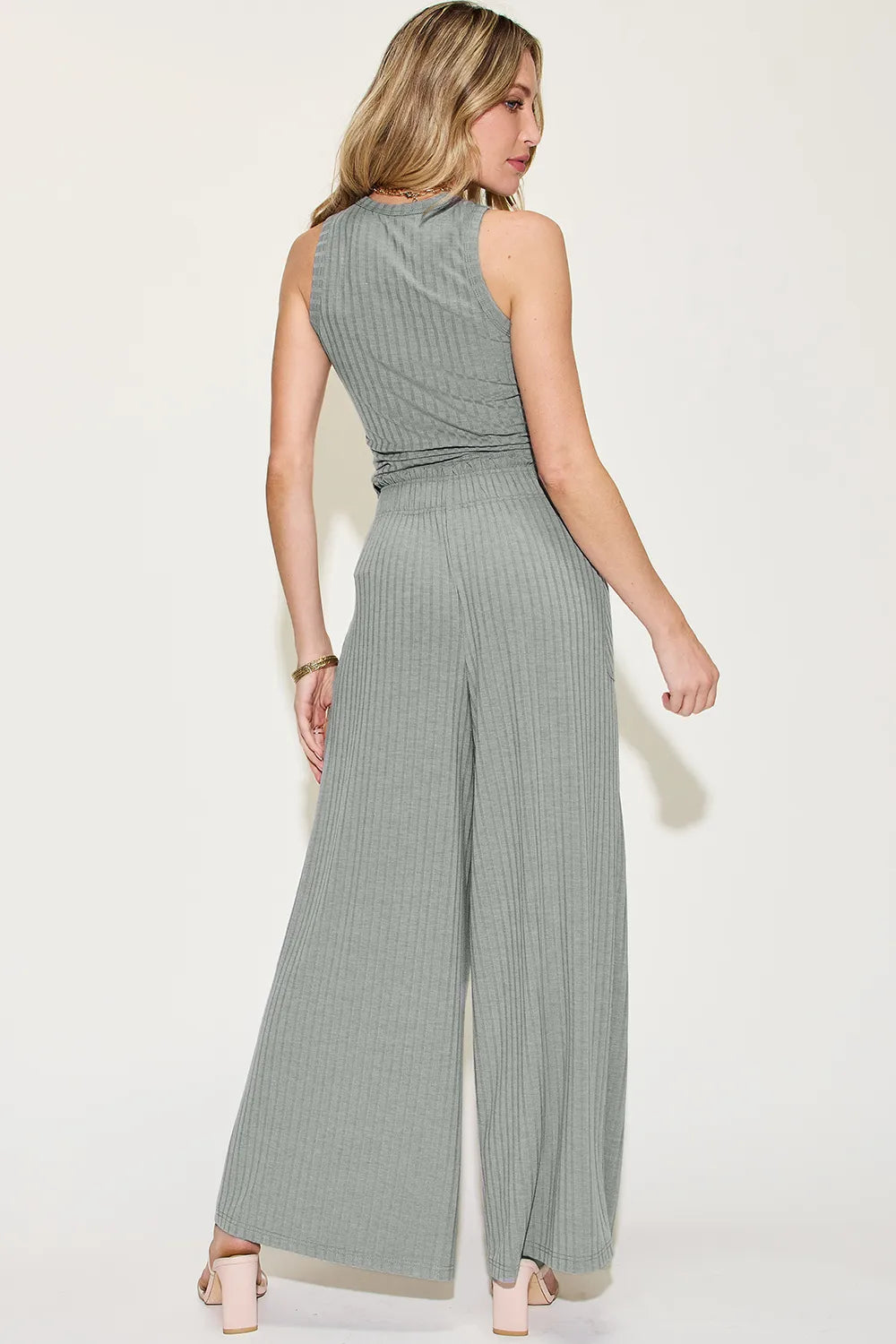 Full Size Ribbed Tank and Wide Leg Pants Set - Znvia
