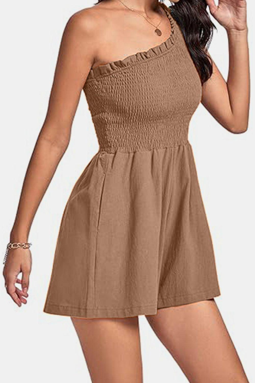Smocked Single Shoulder Romper - Znvia