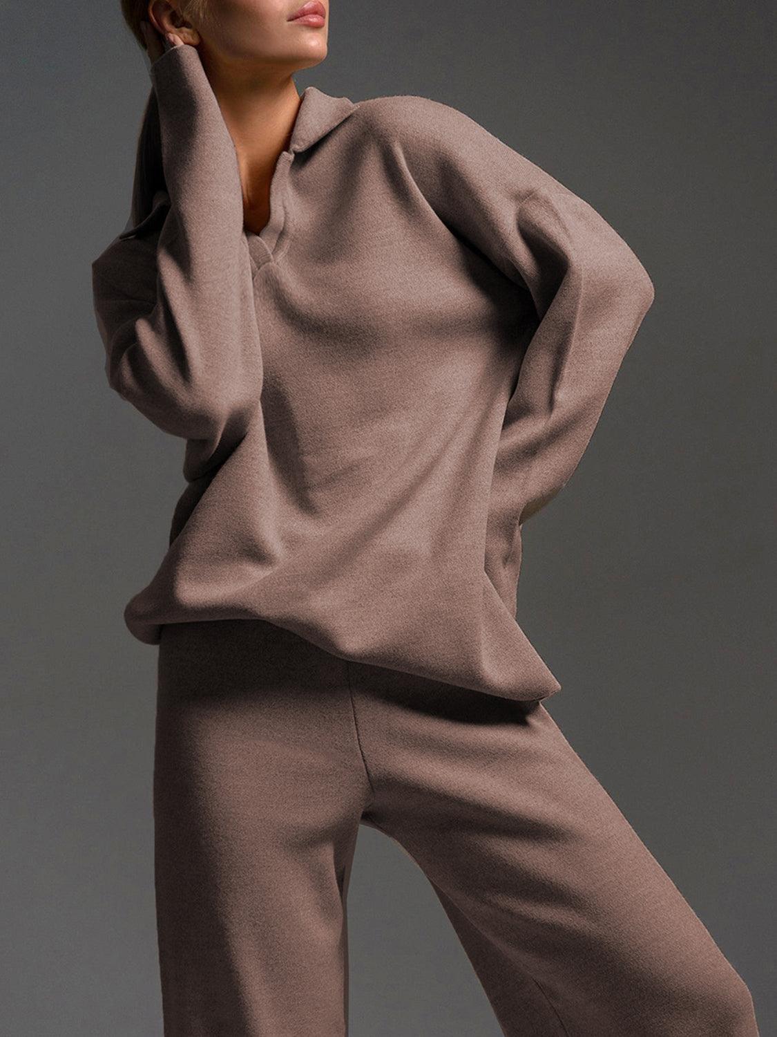 Johnny Collar Long Sleeve Top and Pants Sweater Set – Effortless Style and Comfort - Znvia