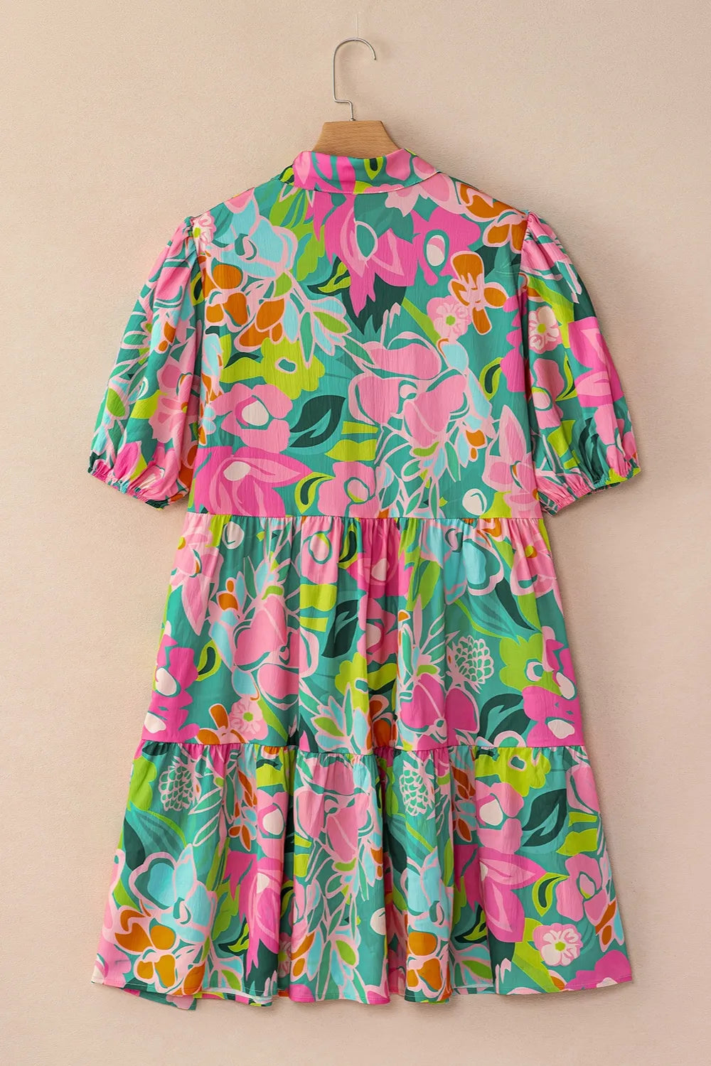 Printed Collared Neck Puff Sleeve Mini Dress - Znvia