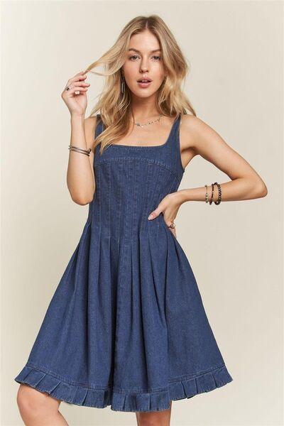 Smocked Back Square Neck Denim Dress - Znvia
