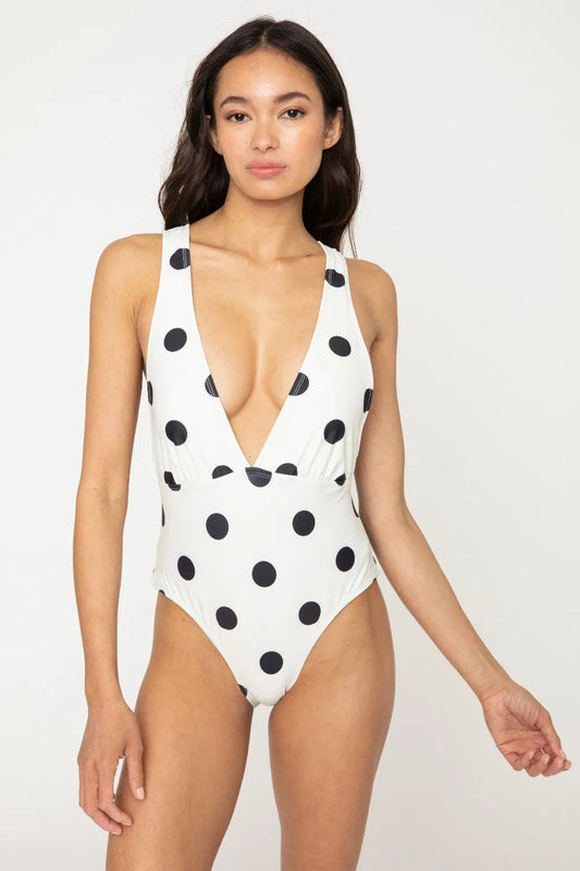Polka Dot Tied Plunge One-Piece Swimsuit for Beach Fun - Znvia