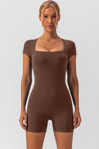 Square Neck Cap Sleeve Active Romper - Znvia