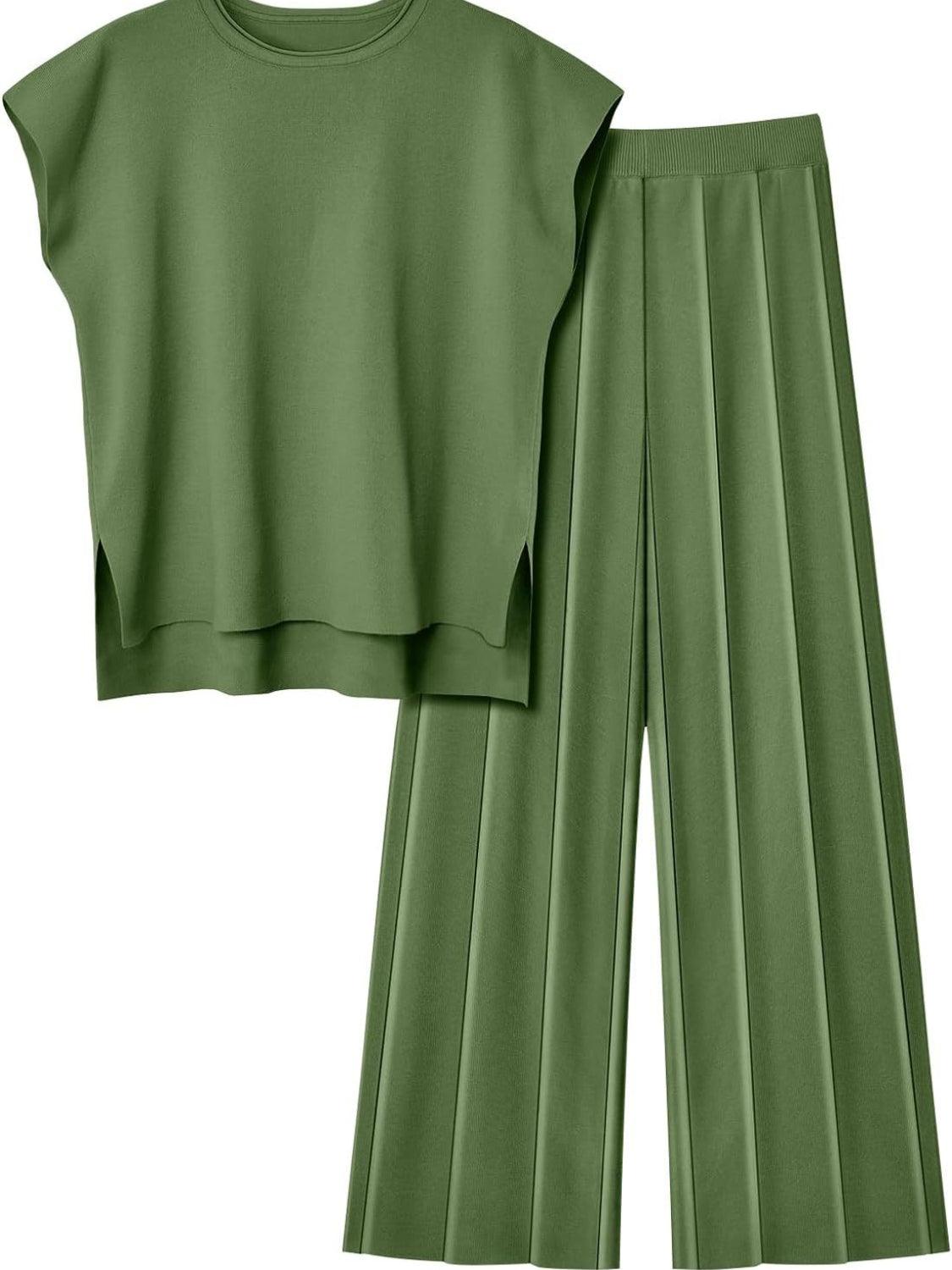 Round Neck Cap Sleeve Top and Pants Knit Set – Effortless Style Meets Supreme Comfort - Znvia