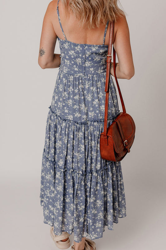Floral Spaghetti Strap Frilled V-Neck Tiered Midi Dress - Znvia