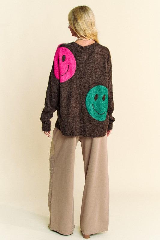 Contrast Smile Round Neck Oversize Sweater - Znvia