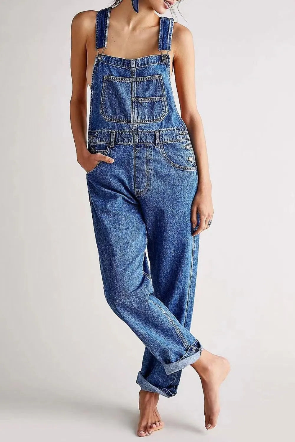 Wide Strap Square Neck Denim Overalls - Znvia
