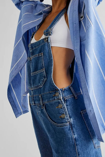Wide Strap Square Neck Denim Overalls - Znvia