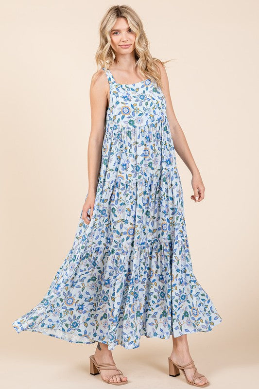 Flower Print Tiered Sleeveless Empire Maxi Dress - Znvia
