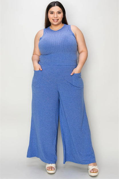 Full Size Ribbed Tank and Wide Leg Pants Set - Znvia