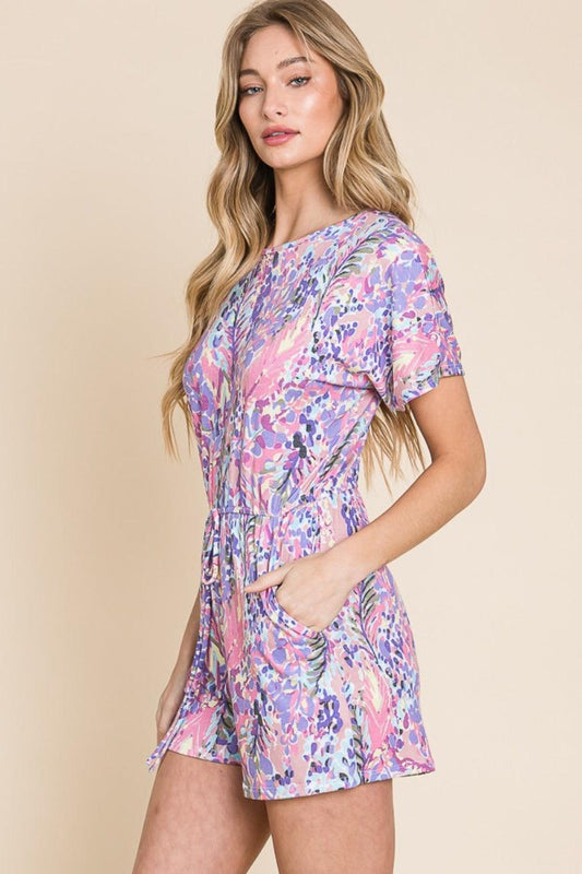 Print Short Sleeve Romper with Pockets - Znvia